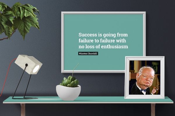 Framed picture of a animated 'cartoon' version of Winston Churchill with a framed quote saying