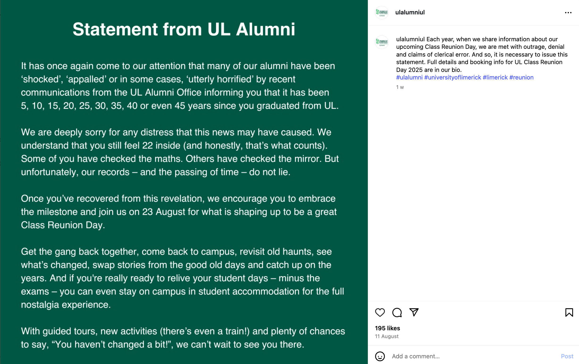 University of Limerick Alumni post higher ed marketing